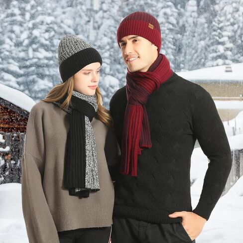 Men's Winter Hat Scarf Gloves Set, 3 PCS Warm Beanie Long Scarf fleece lined Touchscreen Gloves for Cold Weather in Saudi Arabia