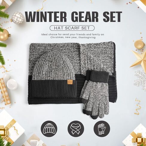 Men's Winter Hat Scarf Gloves Set, 3 PCS Warm Beanie Long Scarf fleece lined Touchscreen Gloves for Cold Weather in Saudi Arabia