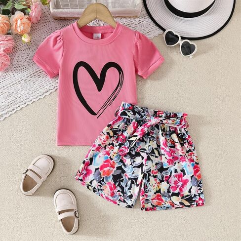 أطفال فتاة ملابس القلب طباعة قصيرة الأكمام قمة وسروال شورت لطيف فتاة الصيف مجموعة قصيرة in Kuwait