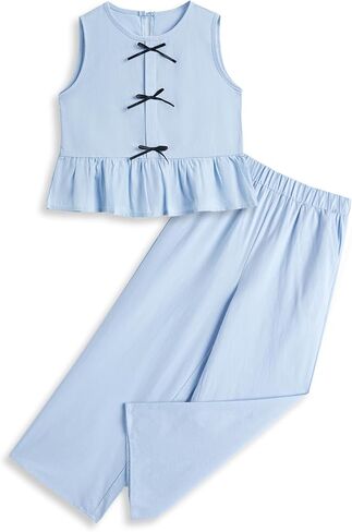 Girls’ Clothing Sets Sleeveless Bow Crop Top Wide Leg Linen Pants 2025 Summer Outfits Cute Kids Clothes in Kuwait