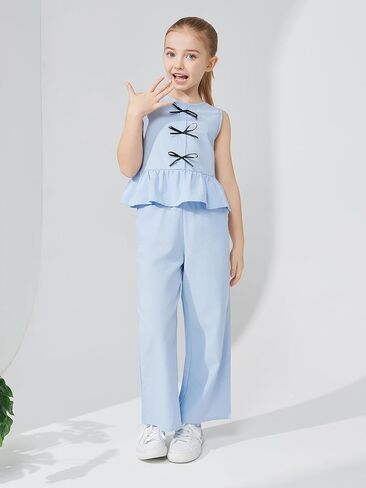 Girls’ Clothing Sets Sleeveless Bow Crop Top Wide Leg Linen Pants 2025 Summer Outfits Cute Kids Clothes in Kuwait
