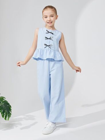 Girls’ Clothing Sets Sleeveless Bow Crop Top Wide Leg Linen Pants 2025 Summer Outfits Cute Kids Clothes in Kuwait
