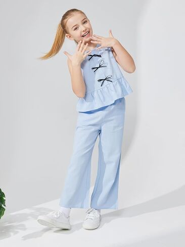 Girls’ Clothing Sets Sleeveless Bow Crop Top Wide Leg Linen Pants 2025 Summer Outfits Cute Kids Clothes in Kuwait