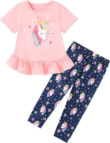CARETOO Toddler Girl Clothes 2pcs Girl Spring Summer Outfit Ruffle Hem Short Sleeve Top and Floral Capri Pant 2-7 Years in Saudi Arabia