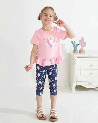 CARETOO Toddler Girl Clothes 2pcs Girl Spring Summer Outfit Ruffle Hem Short Sleeve Top and Floral Capri Pant 2-7 Years in Saudi Arabia