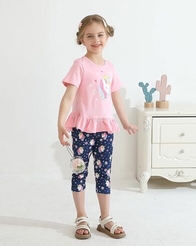 CARETOO Toddler Girl Clothes 2pcs Girl Spring Summer Outfit Ruffle Hem Short Sleeve Top and Floral Capri Pant 2-7 Years in Saudi Arabia