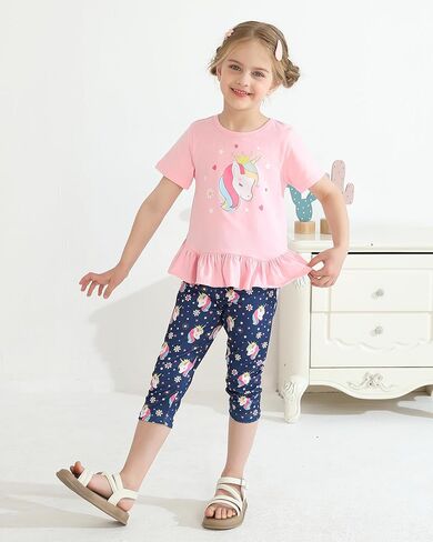 CARETOO Toddler Girl Clothes 2pcs Girl Spring Summer Outfit Ruffle Hem Short Sleeve Top and Floral Capri Pant 2-7 Years in Saudi Arabia