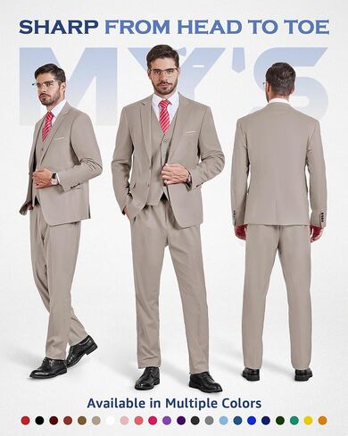 MY'S Men's 3 Piece Slim Fit Suit Set, Two Button Blazer Jacket Vest Pants with Tie, Solid Wedding Dress Tux and Trousers in Kuwait