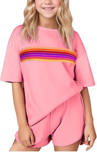 SELINK Girls Travel Outfits Set Rainbow Striped Two Piece Lounge Sets Casual Sweat Tracksuit Matching Runner Shorts in Kuwait