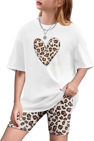 Arshiner Girls Clothes Summer 2 Piece Outfits Drop Shoulder T-Shirts and Biker Shorts Kids Fashion Clothing Sets in Saudi Arabia