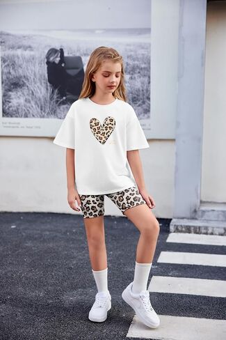 Arshiner Girls Clothes Summer 2 Piece Outfits Drop Shoulder T-Shirts and Biker Shorts Kids Fashion Clothing Sets in Saudi Arabia