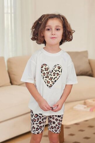 Arshiner Girls Clothes Summer 2 Piece Outfits Drop Shoulder T-Shirts and Biker Shorts Kids Fashion Clothing Sets in Saudi Arabia