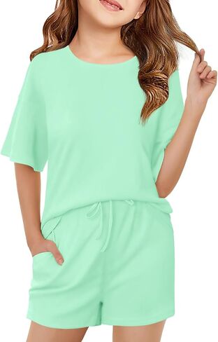 Haloumoning Girls Summer 2 Piece Outfits Kids Oversized T Shirts and Shorts Clothing Sets 5-14 Years in Saudi Arabia