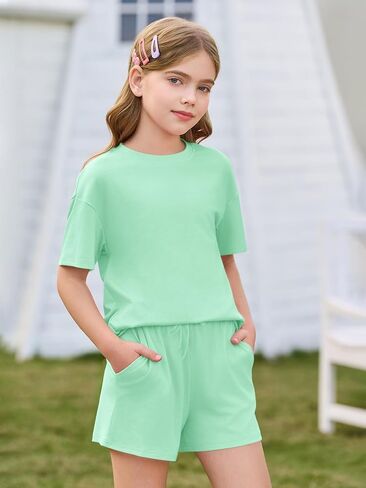 Haloumoning Girls Summer 2 Piece Outfits Kids Oversized T Shirts and Shorts Clothing Sets 5-14 Years in Saudi Arabia