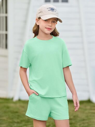 Haloumoning Girls Summer 2 Piece Outfits Kids Oversized T Shirts and Shorts Clothing Sets 5-14 Years in Saudi Arabia