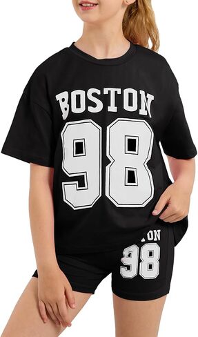 Girls Summer Outfits Graphic Letter Print T Shirt Short Sleeve Top & Biker Shorts with Side Pocket 2Pcs Clothing Sets in Kuwait