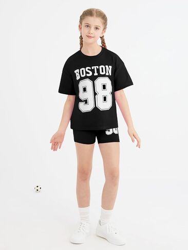 Girls Summer Outfits Graphic Letter Print T Shirt Short Sleeve Top & Biker Shorts with Side Pocket 2Pcs Clothing Sets in Kuwait