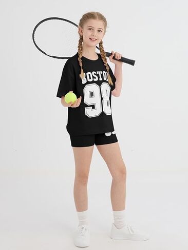 Girls Summer Outfits Graphic Letter Print T Shirt Short Sleeve Top & Biker Shorts with Side Pocket 2Pcs Clothing Sets in Kuwait