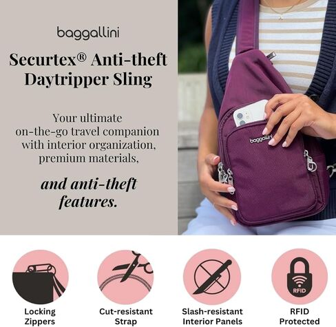 Baggallini Anti-Theft Daytripper Sling 7x12 Crossbody Travel Safe Bag W/Securtex Locking Zippers, Slash-Resistant & RFID in Saudi Arabia