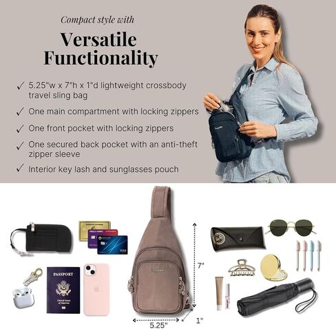 Baggallini Anti-Theft Daytripper Sling 7x12 Crossbody Travel Safe Bag W/Securtex Locking Zippers, Slash-Resistant & RFID in Saudi Arabia