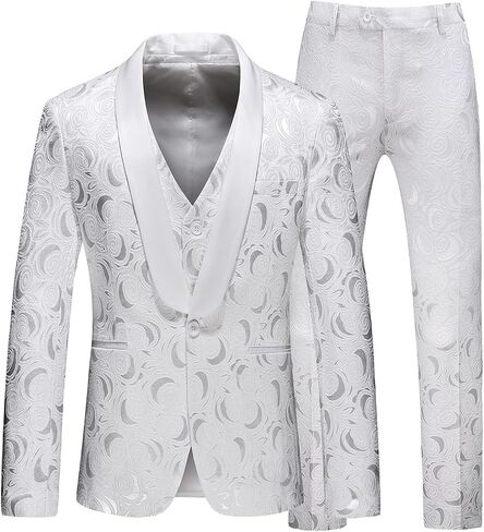 MOGU Men’s 3-Piece Slim Fit Suit Set Floral Tuxedo with Shawl Lapel One-Button Blazer Vest Elastic Waist Pants Party Outfit in Saudi Arabia