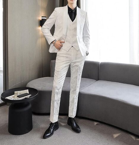 MOGU Men’s 3-Piece Slim Fit Suit Set Floral Tuxedo with Shawl Lapel One-Button Blazer Vest Elastic Waist Pants Party Outfit in Saudi Arabia