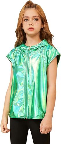 Jxstar Girls Metallic Hoodie Vest Kids Shiny Zip Up Outfit Sleeveless Disco Shirt with Pocket in Kuwait