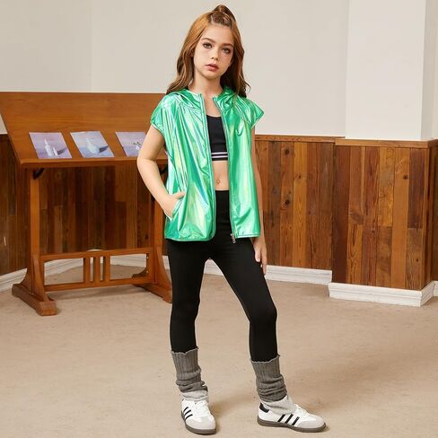 Jxstar Girls Metallic Hoodie Vest Kids Shiny Zip Up Outfit Sleeveless Disco Shirt with Pocket in Kuwait