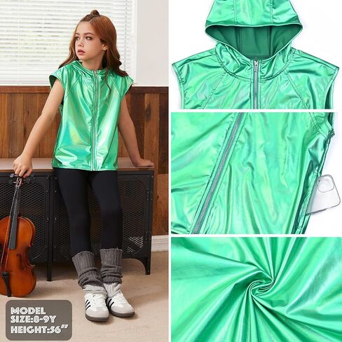 Jxstar Girls Metallic Hoodie Vest Kids Shiny Zip Up Outfit Sleeveless Disco Shirt with Pocket in Kuwait