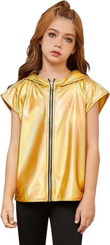 Jxstar Girls Metallic Hoodie Vest Kids Shiny Zip Up Outfit Sleeveless Disco Shirt with Pocket in Kuwait