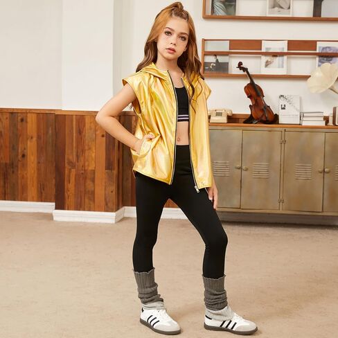 Jxstar Girls Metallic Hoodie Vest Kids Shiny Zip Up Outfit Sleeveless Disco Shirt with Pocket in Kuwait