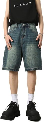 Mens Baggy Jean Shorts Summer Wide Leg Loose Fit Casual Vintage Hip Hop Streetwear Denim Shorts Y2k in Kuwait
