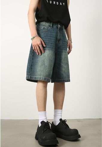 Mens Baggy Jean Shorts Summer Wide Leg Loose Fit Casual Vintage Hip Hop Streetwear Denim Shorts Y2k in Kuwait