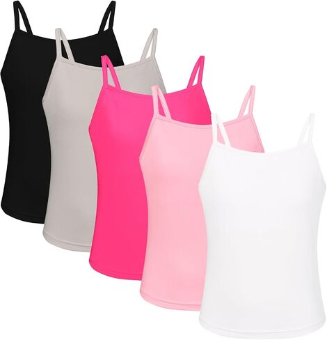 EXARUS 5/7 Pack Girls Padded/Unpadded Tank Tops Cropped/Full Length Stretchy Sleeveless Spaghetti Straps Cami Top in Kuwait