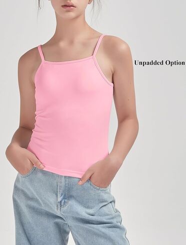 EXARUS 5/7 Pack Girls Padded/Unpadded Tank Tops Cropped/Full Length Stretchy Sleeveless Spaghetti Straps Cami Top in Kuwait