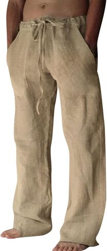 Puimentiua Cotton Linen Pants Men Casual Loose Fit Elastic Drawstring Waist Summer Beach Pants in Saudi Arabia