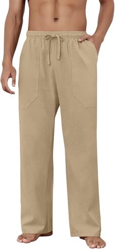 Puimentiua Cotton Linen Pants Men Casual Loose Fit Elastic Drawstring Waist Summer Beach Pants in Saudi Arabia