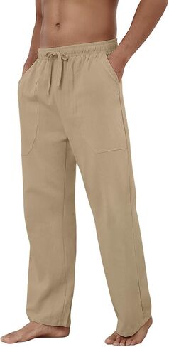 Puimentiua Cotton Linen Pants Men Casual Loose Fit Elastic Drawstring Waist Summer Beach Pants in Saudi Arabia