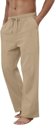 Puimentiua Cotton Linen Pants Men Casual Loose Fit Elastic Drawstring Waist Summer Beach Pants in Saudi Arabia