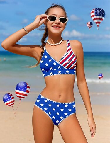 KANGKANG Girls Swimsuit Bikini Set Solid Color V-Neck Two Piece Bathing Suit with Chest Pad Adjustable Straps Swimwear 7-16T in Kuwait