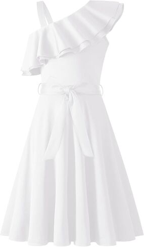 Arshiner Girls Dress One Shoulder Formal Ruffle Trim Birthday Party Dresses with Belted Pockets for 5-12 Years in Saudi Arabia