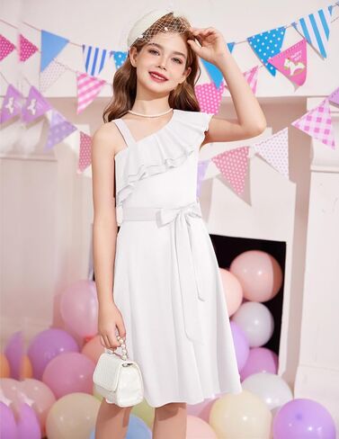 Arshiner Girls Dress One Shoulder Formal Ruffle Trim Birthday Party Dresses with Belted Pockets for 5-12 Years in Saudi Arabia