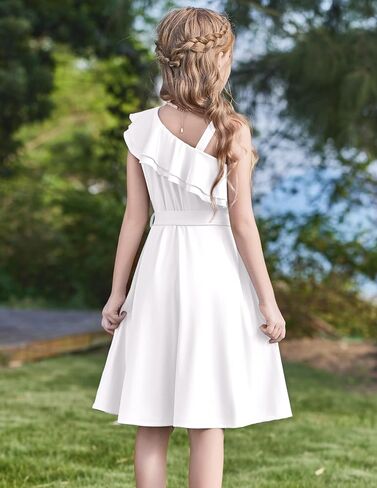 Arshiner Girls Dress One Shoulder Formal Ruffle Trim Birthday Party Dresses with Belted Pockets for 5-12 Years in Saudi Arabia