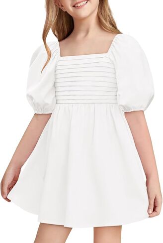 Haloumoning Girls Summer Dress Kids Square Neck Puff Sleeve A-Line Smocked Mini Dresses 5-14 Years in Saudi Arabia