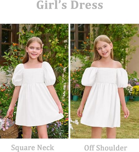 Haloumoning Girls Summer Dress Kids Square Neck Puff Sleeve A-Line Smocked Mini Dresses 5-14 Years in Saudi Arabia