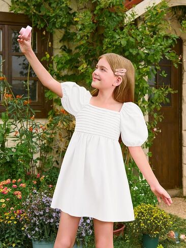 Haloumoning Girls Summer Dress Kids Square Neck Puff Sleeve A-Line Smocked Mini Dresses 5-14 Years in Saudi Arabia