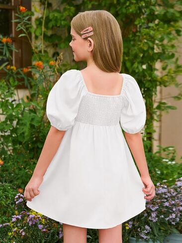 Haloumoning Girls Summer Dress Kids Square Neck Puff Sleeve A-Line Smocked Mini Dresses 5-14 Years in Saudi Arabia