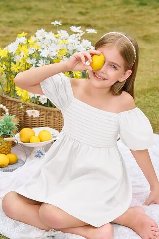 Haloumoning Girls Summer Dress Kids Square Neck Puff Sleeve A-Line Smocked Mini Dresses 5-14 Years in Saudi Arabia