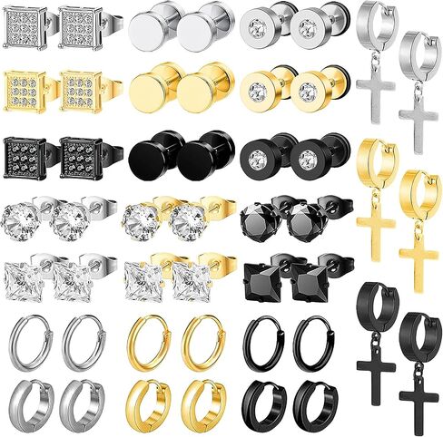 Newitin 24 أزواج أقراط الفولاذ المقاوم للصدأ للرجال للرجال Hypoallergenic Zirconia Zirconia Studs Hoop arring Cross Dangle أقراط للجنسين البانك. in Kuwait