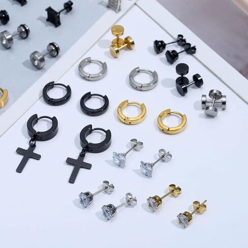 Newitin 24 أزواج أقراط الفولاذ المقاوم للصدأ للرجال للرجال Hypoallergenic Zirconia Zirconia Studs Hoop arring Cross Dangle أقراط للجنسين البانك. in Kuwait
